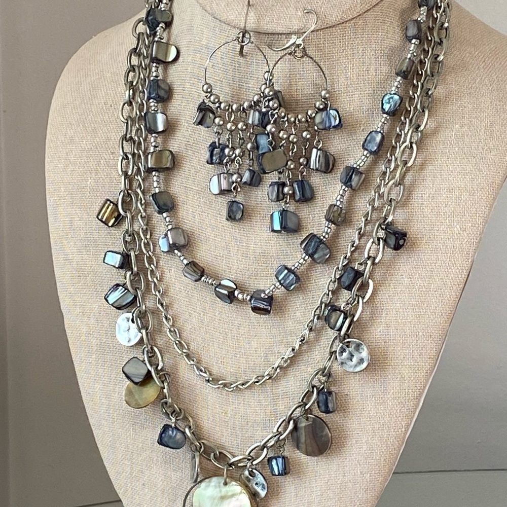 Silver Multi Stone Boho 3 Strand Necklace & Matching Earrings